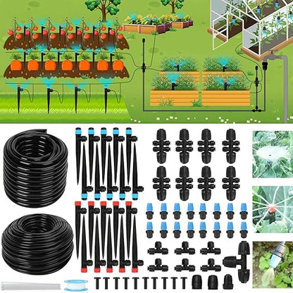 250FT Drip Irrigation Kit – 2025 New Quick-Connect Micro Irrigation System with 1/4'' 1/2'' Tubing, Locking Nozzle Emitters, Adjustable Misting Sprayers for Gardens, Lawns,Raised Beds and Greenhouses
