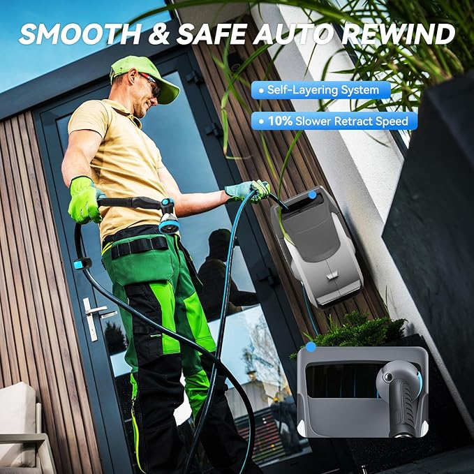 Retractable Garden Hose Reel 65 ft x 1/2 in, Heavy Duty Hose Reel Wall Mount with Any Length Lock, Auto Rewind System, 180° Swivel Bracket, 10-Pattern Garden Hose Nozzle, White & Grey