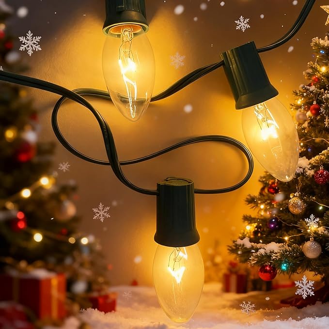 25Ft C9 Clear Christmas Lights Outdoor, Vintage Christmas String Lights with 26 C9 Warm White Bulbs, Hanging Incandescent Christmas Decorations Lights for Patio Roofline Christmas Tree Garden Pathway