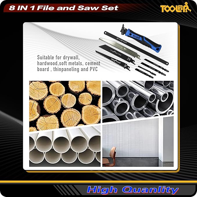 8-In-1 Multi Blades Hand Saw, Drywall Cutter. Hacksaw. Long Blade, Jab Saw, For Cutting Drywall, Sheetrock, Wood, Metel, Plastic, Plywood. Blade Quick Change Mechanism. Blue Handle