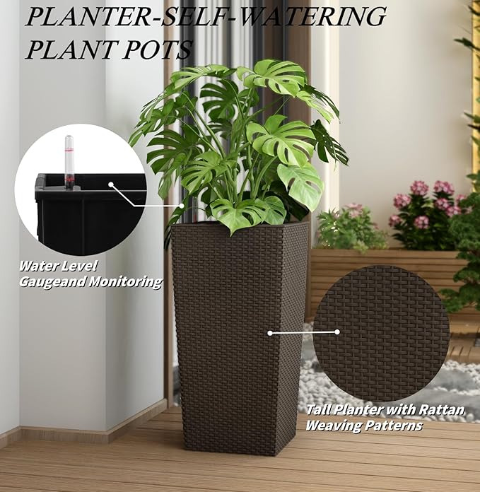 23in Tall Planter Set of 2, Large Self Watering Pots for Indoor/Outdoor Plants with Drain Holes, Water Level Monitor, Inner Bucket for Front Porch Patio, Brown Rattan