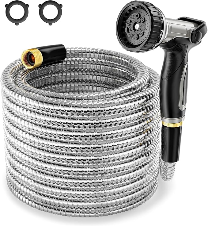 SPECILITE 1/2" 304 Stainless Steel Garden Hose, 150FT Water Pipe with Heavy Duty Metal Nozzle for Yard, Outdoor, Lawn - Flexible, Never Kink & Tangle, Puncture Resistant