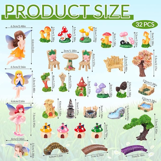 32 Pcs Fairy Garden Accessories Mini Fairy Figures Miniature Table and Chairs Bridge Mushroom Lighthouse Water Well Pond Landscape Ornaments Kit for DIY Garden Potted Desk Decor