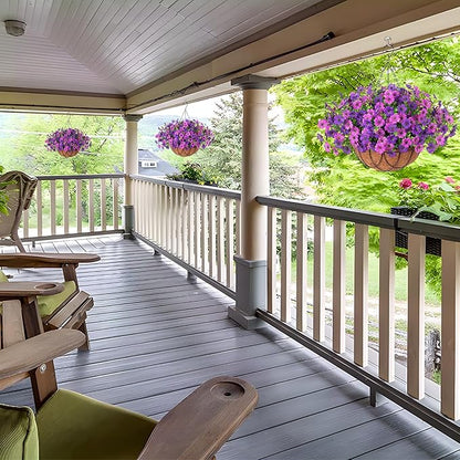 Artificial Silk Flowers Hanging Baskets Outdoors Indoors, Daisy with Eucalyptus Leaves Arrangement for Garden Yard Spring Summer Decor Faux Green Plant Metal Coconut Lining (Dark Purple Purple)