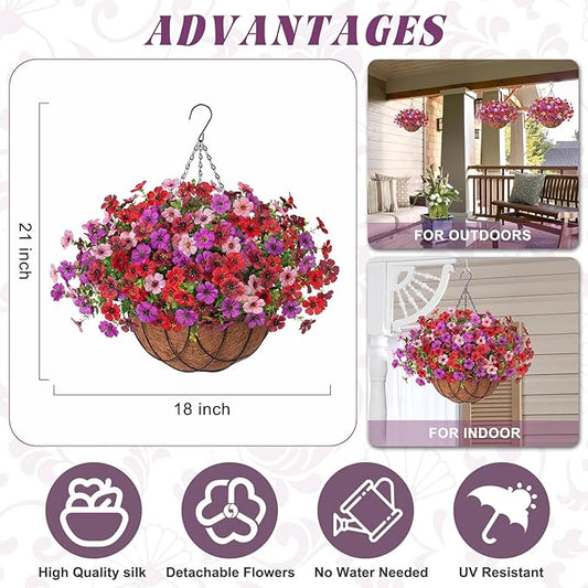 Artificial Silk Flowers Hanging Baskets Outdoors Indoors, Fake Daisy with Eucalyptus Leaves Arrangement for Garden Yard Spring Summer Decor Faux Green Plant(Red Brown Purple Pink)