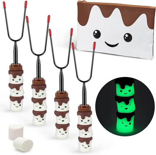 THE S'MORES COMPANY - Glow in the Dark Marshmallow Roasting Sticks - Set of 4 Rotating Smores Sticks - Telescoping Extra Long Marshmallow Sticks for Fire Pit, Campfire & Bonfire - Camping Accessories