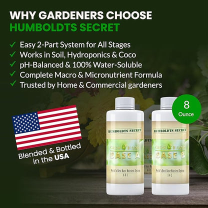 Humboldts Secret Base A & B Liquid Hydroponic Fertilizer | Complete Hydroponic Nutrients for Indoor and Outdoor Plants | Supports Healthy Vegetative Growth and Flowering Stage | 8 Ounce Set