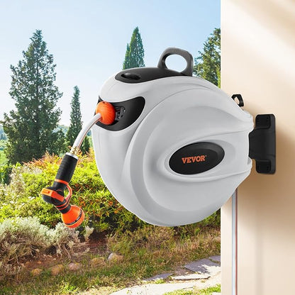 VEVOR Retractable Hose Reel, 65 ft x 5/8 inch, 180° Swivel Bracket Wall-Mounted, Garden Water Hose Reel with 9-Pattern Nozzle, Automatic Rewind, Lock at Any Length, and Slow Return System