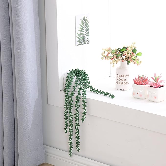 Tiita Artificial Succulents Hanging Plants, Faux String of Pearls Plants for Home Office Accessories Window Sill Bathroom Bedroom Fake in White Ceramic Pots, Set of 2