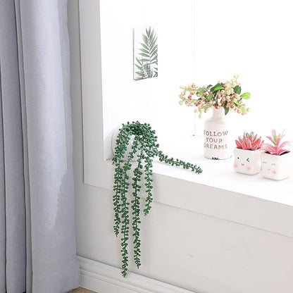 Tiita Artificial Succulents Hanging Plants, Faux String of Pearls Plants for Home Office Accessories Window Sill Bathroom Bedroom Fake in White Ceramic Pots, Set of 2