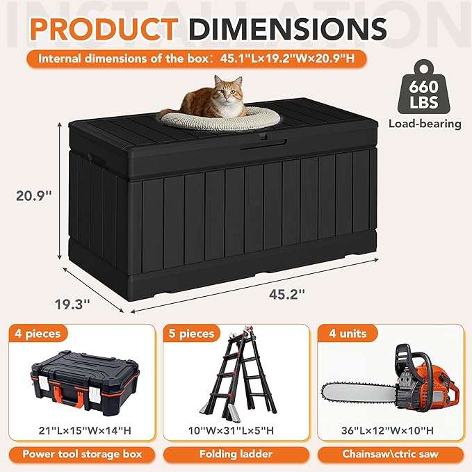 78 Gallon Deck Box Outdoor Indoor Waterproof Storage Box for Patio Furniture, Pool Accessories, Garden Tools, and Cushion Storage, Black