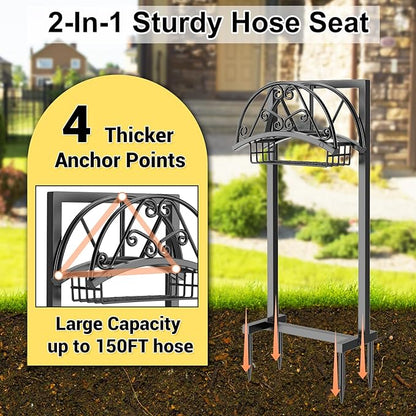 Garden Hose Holder Hanger Freestanding, Upgraded 4 Spikes Heavy Duty Storage Reel Stand with Storage Basket, Holds 150ft Hose for Outside Garden Yard Lawn vegetable patch