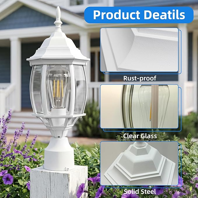 17” White Outdoor Post Light Fixture, Pole Mount Outside Light for Garden Entrance Driveway White Pillar Lantern 17 Inch Pier Mount Outdoor Lamp Post for Front Yard
