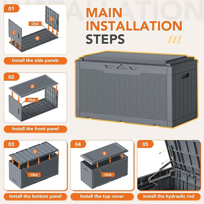 110 Gallon Deck Box Outdoor Indoor Waterproof Storage Box for Patio Furniture, Pool Accessories, Garden Tools, and Cushion Storage, Gray