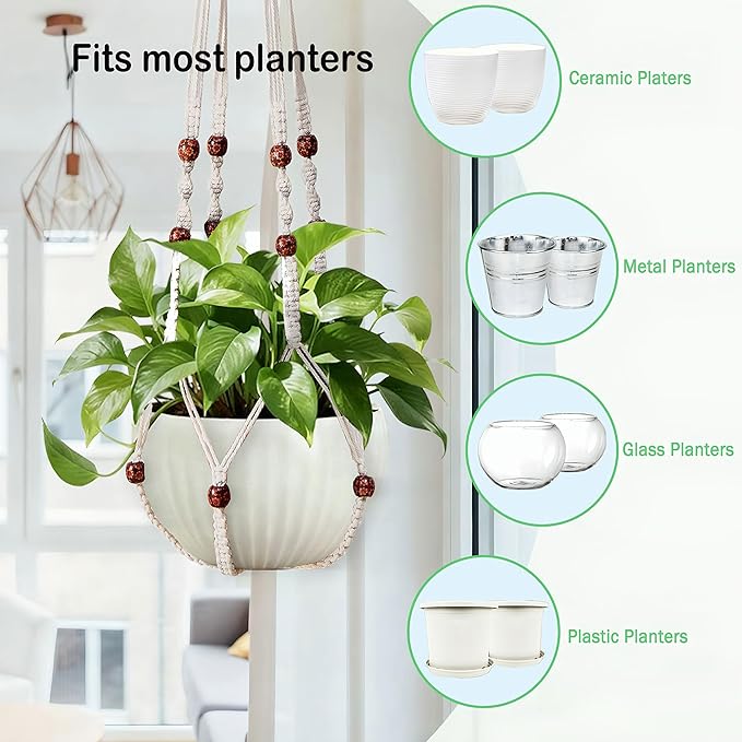 35 Inch Macrame Plant Hanger, Hanging Planter Basket with Wood Beads, Decorative Flower Pot Holder for Indoor Outdoor Boho Home Decor, Set of 2 (Ivory)