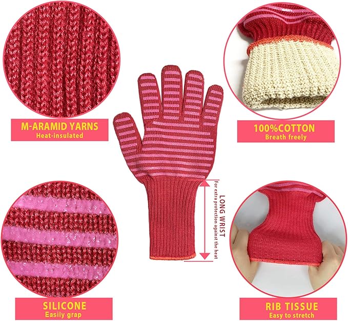 MIG4U BBQ Grill Gloves,Oven Gloves Extreme 500 degrees Heat Resistant grilling gloves with Food Grade Non-Slip Silicone Dots for Cooking, Grilling, Baking, Smoker, Barbecue, Kitchen(13" Red)