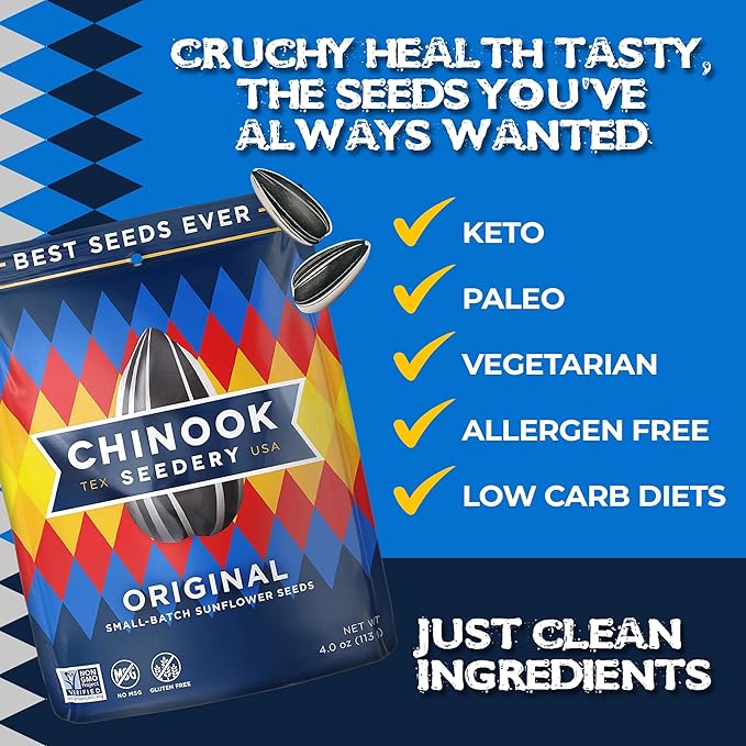 Chinook Seedery Roasted Sunflower Seeds - Jumbo Seeds Keto Snacks - Best For Snack Packs - Gluten Free, Non GMO Snack Food Gifts - 4 Ounce (Pack of 3) - Original Flavor Pack