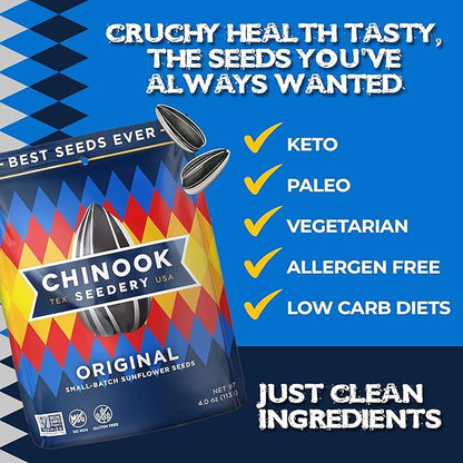 Chinook Seedery Roasted Jumbo Sunflower Seeds - Keto Snacks, Gluten-Free, Non-GMO, Original Flavor 4 oz (12-Pack)