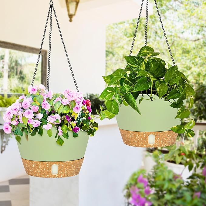 QCQHDU 2 Pack 10 Inch Hanging Planters for Indoor Outdoor Plants, Hanging Baskets Flower Pots with Reservoir Tray & Visible Water-Level