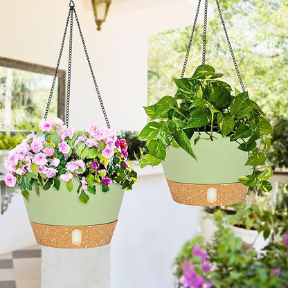 QCQHDU 2 Pack 10 Inch Hanging Planters for Indoor Outdoor Plants, Hanging Baskets Flower Pots with Reservoir Tray & Visible Water-Level