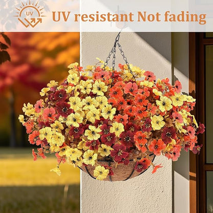 Geegoods 2 Set Artificial Hanging Basket Fall Flowers for Outdoor, Fake Faux UV Resistant Look Real Mixed Mums Plants for Autumn Porch Patio Balcony Yard Home Decor