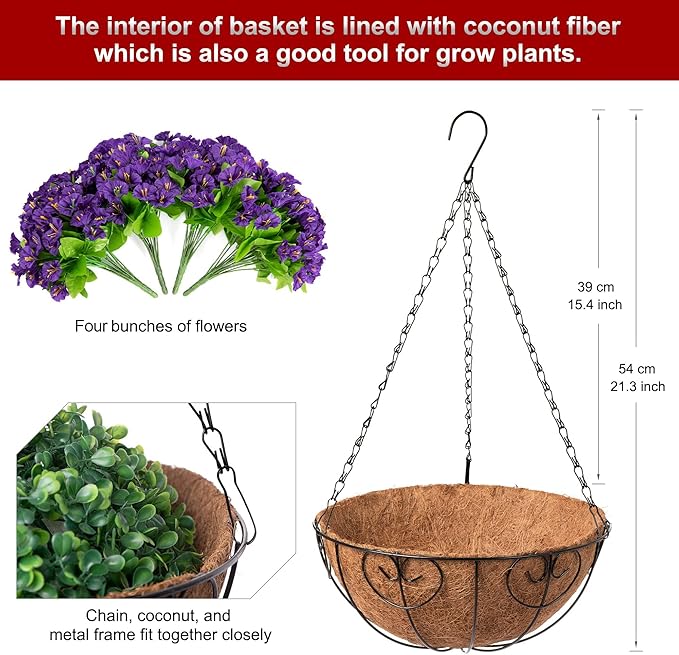 Artificial Hanging Flower Plants with Basket for Spring Summer Outdoor Decoration, Faux Petunias Flowers Fake Morning Glories Planter for Outside Patio Garden Porch Balcony Yard Decor(Purple)