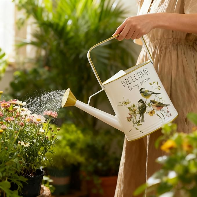 Vintage Decorative Metal Watering Can - Welcome to My Garden with Charming Bird & Floral Design, Rustic Farmhouse Watering Pot Planter for Indoor/Outdoor Plant Care