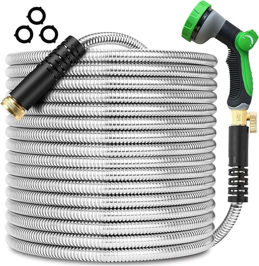 100FT Metal Garden Hose 304 Stainless Steel Flexible Water Hose - No Kink & Tangle Heavy Duty Pipe with Nozzle, Durable 3/4 Metal Fittings and Valve - Rust Proof Puncture Proof for Yard Lawn