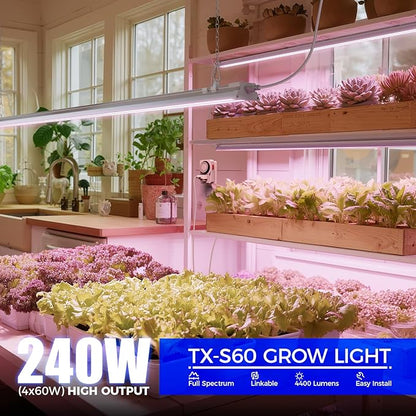 Barrina TX-S60 Grow Lights for Seed Starting, 240W(4 x 60W, 1680W Equivalent), High PPFD, Full Spectrum, Mechanical Timer, Linkable, Hanging Light, Grow Light for Indoor Plants, Vegetables, 4 Packs
