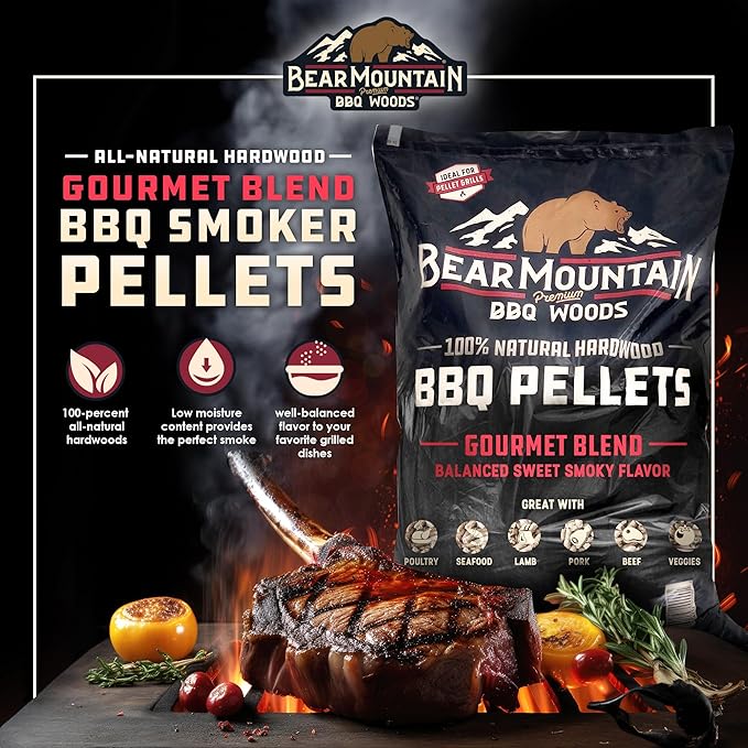 Bear Mountain All Natural Wood Pellets for Smoker, Grill & BBQ, 40 Lbs, Gourmet Blend - Premium Hardwood Barbecue Pellets for Indoor and Outdoor Grilling