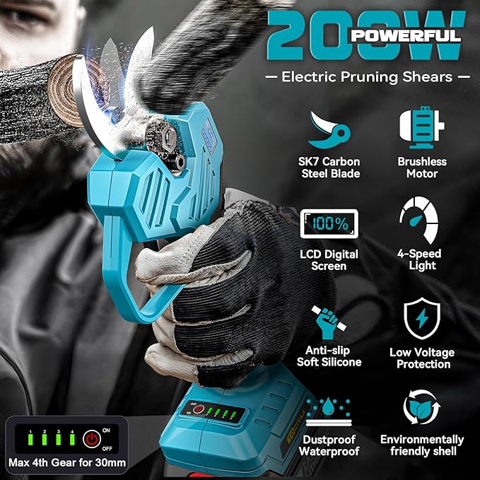TOCiTAA Electric Pruning Shears Compatible with Makita Battery, Pruners for Gardening 1.5-2 Inch Cutting Diameter with 2 Pack 2.0Ah Batteries, Cordless 13ft. Pole Pruner with Pruning Blade
