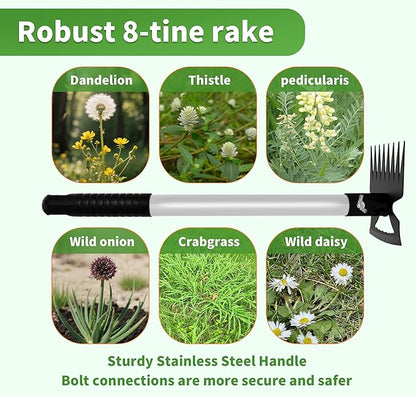 Weeding Puller Tool 8 Tooth, Manual Weed Rake Weeder Remover Tool Gardening, Dandelion Gardenia Uprooting Tool for Yard, Lawn, Patio and Garden