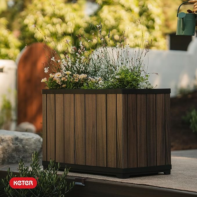 Keter Signature 21.7 Inch Tall Rectangular Large Wood Look Planter for Indoor or Outdoor Flower Pot Ideal for Patio Deck and Front Porch Decor, Rosewood
