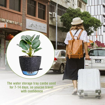 10 inch Self Watering Pots, Planter, Plant Pots with Mesh Drainage Holes for Indoor Outdoor House Plants and Garden, Pack of 2 Plastic Flower Pots with Deep Reservoir, Speckled Black