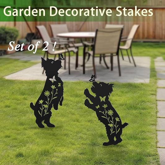 Metal Dog Garden Decor for Outside,Set of 2 Silhouette Yorkie Garden Stakes Decoratvie,Dog Garden Statues