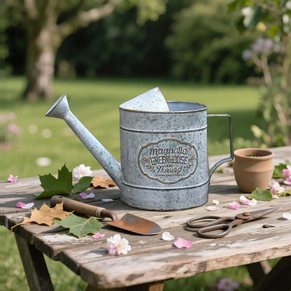 Vintage Metal Watering Can with Magnolia Greenhouse & Nursery Design Garden Decorative Watering Pot Farmhouse Waterer for Home Indoor Outdoor Garden Balcony Courtyard (Gray)