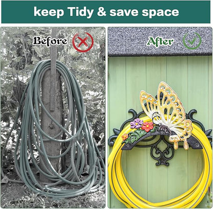 Sungmor Cast Iron Garden Hose Holder, Heavy Duty Wall Mounted Hose Hanger, Decorative Butterfly Water pipe Organizer, Hose Reel Rack for Outside, Garden Yard Decor