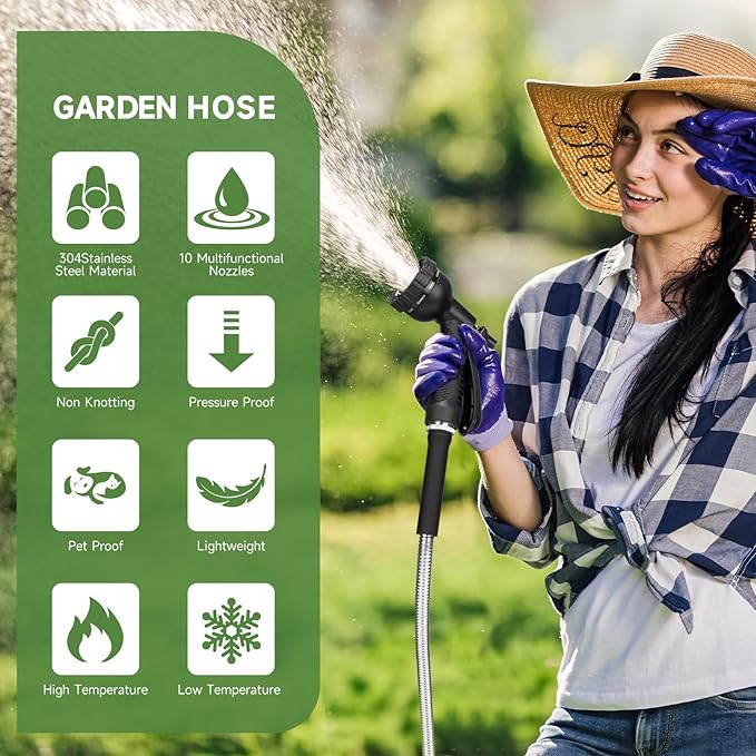 YXT&BEYOND 50 FT Garden Hose - 304 Stainless Steel Lightweight Water Hose w/ 10-Pattern Spray Nozzle - 360° Swivel Fittings, Flexible Metal Garden Hose for Yard Outdoor, Leak-Proof Kink Free