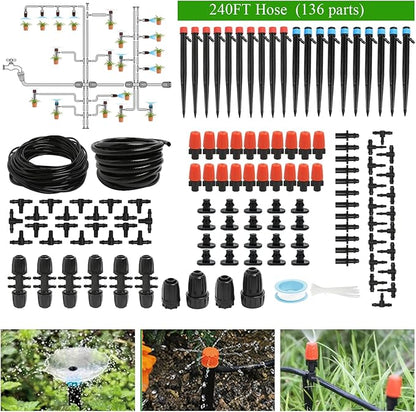 240FT Drip Irrigation System Kit, Automatic Garden Watering Misting System for Greenhouse, Yard, Lawn, Plant with 1/2 inch Hose 1/4 inch Distribution Tubing and Accessories