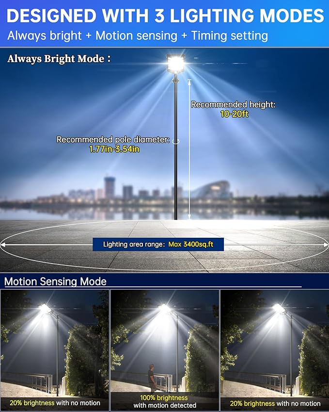 Gefolly SL-5200W Solar Street Lights Outdoor, 520000LM Commercial Parking Lot Light, 6500K Dusk to Dawn IP67 Security Flood Lights Motion Sensor Led Lamp for Basketball Court, Road, Yard