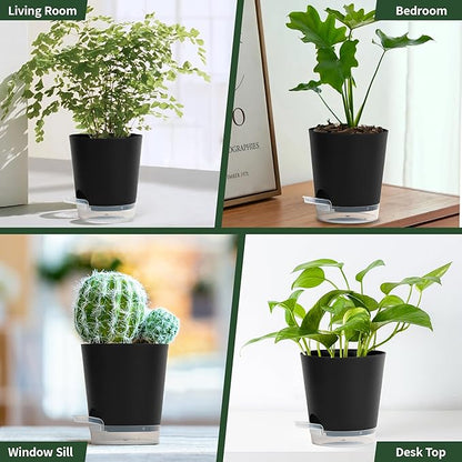 4 Inch 5 Pack Small Self Watering Pots for Indoor Plants, Nursery Pot with Drainage Holes and Saucers, Plastic Small Flower Planter for Succulent, Aloe, Cacti and More(Black)