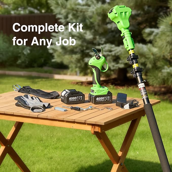 2-in-1 Electric Pruning Shears Cordless: 1.2" Cutting Diameter Pole Pruner - 2 Pcs 4.0Ah Batteries, 9ft Telescopic Pole, Extra SK5 Blade, 3 Cutting Modes Brushless Tree Pruner for Gardening