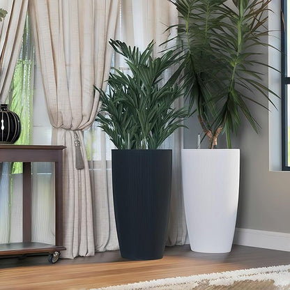 22" Tall Planter Set of 2, Large Self Watering Pots for Indoor/Outdoor Plants with Drain Holes, Water Level Monitor, Inner Bucket for Front Porch Patio, Brown Rattan Conical