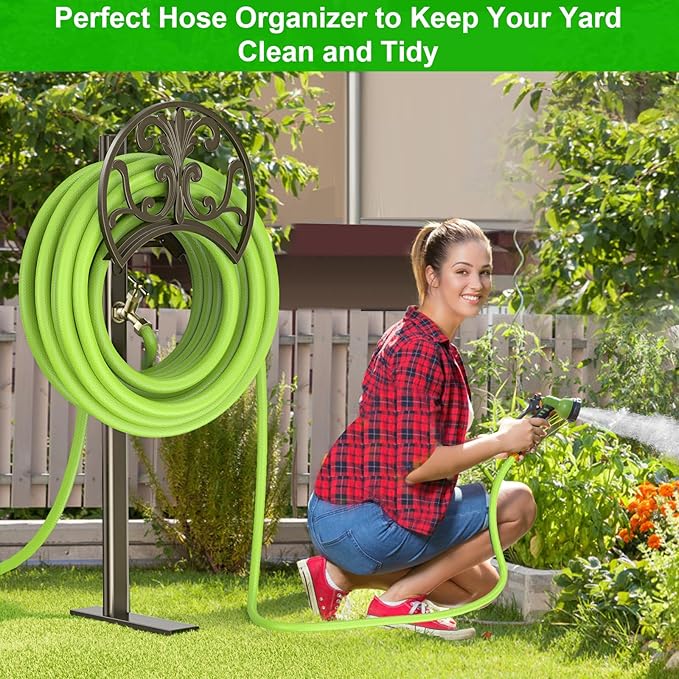 GOFORWILD Garden Hose Stand with Brass Faucet, Detachable Heavy Duty Water Hose Holder, Freestanding Metal Hose Reel Decorative Storage Hanger Holds 150-Feet Hose for Outside Patio Lawn Yard