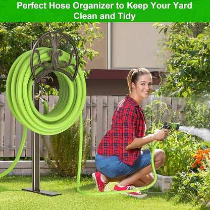 GOFORWILD Garden Hose Stand with Brass Faucet, Detachable Heavy Duty Water Hose Holder, Freestanding Metal Hose Reel Decorative Storage Hanger Holds 150-Feet Hose for Outside Patio Lawn Yard