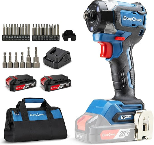 Dong Cheng 20V Brushless Impact Driver, 1840in-lbs Torque, 3200RPM, 4300IPM, 1/4" Hex Chuck, 4 Work Modes, with 2 * 2.0Ah Batteries