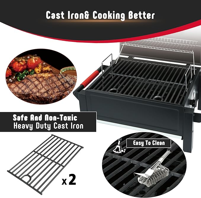 Portable Charcoal BBQ Grills with Cast Iron Grates, Tabletop Charcoal Grills with 354 Sq. In Cooking Area, for Outdoor Camping and Picnic, Black, L26.8’’x W20’’x H21.3’’
