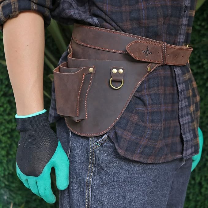 Tourbon Genuine Leather Florist Tool Belt Bag Gardener Farmer Tools Holster Waist Pouch Electrician Carpenter Organizer Kit 3 Pockets (Brown, 42 inches)