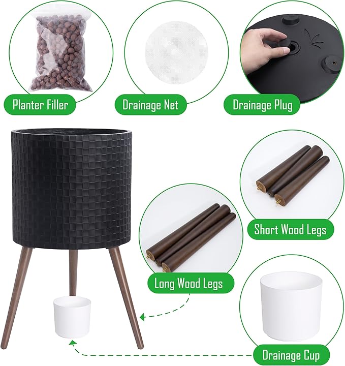 D'vine Dev 16 Inch Modern Geometric Tile Patterned Sleek Planter Pot with Stand, Indoor Outdoor Decorative Plant Holder, Matte Black, 88-Z-E-2