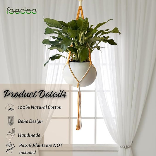 feedee 2 Pack Plant Hanger Indoor, Hanging Plant Holder, Macrame Plant Hangers, Handmade Boho Two-Tone Plant Hanger, Indoor Outdoor Flower Pots Holder, Home Décor Ivory (POTS NOT Included)